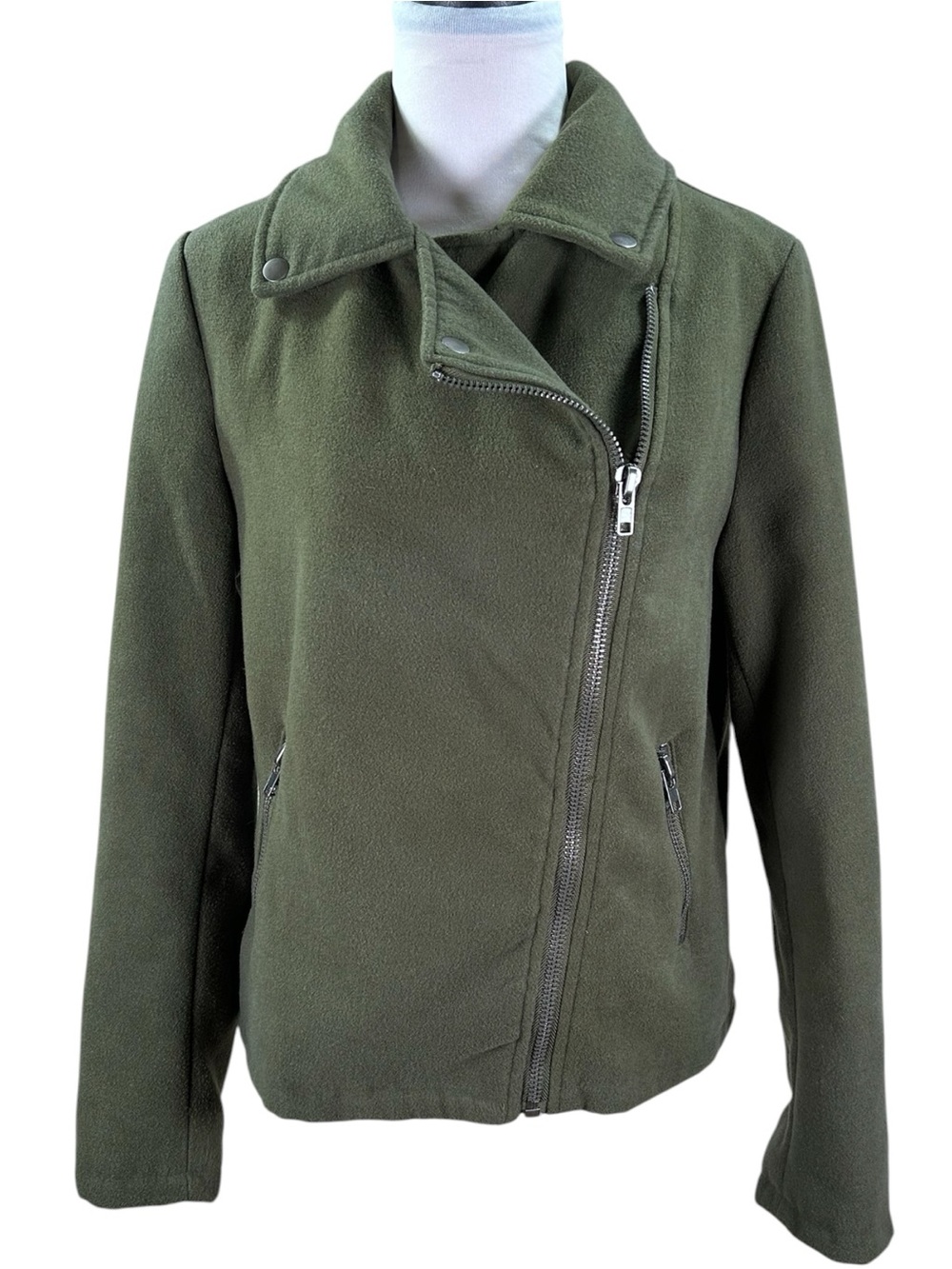Forever 21 Fleece Moto Jacket Women’s M Olive Green Asymmetrical Zip Biker